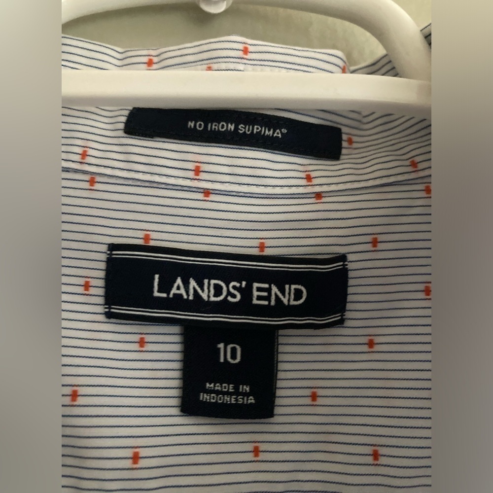 LANDS' END Blue White textured SUPIMA cotton NO IRON button front Pinstripe 10 - Picture 4 of 9